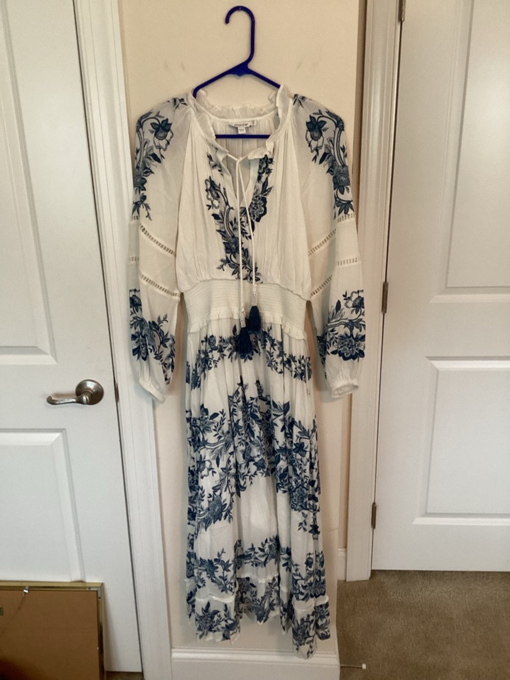 Chico's White Maxi Dress with Blue Floral Print, Size 2